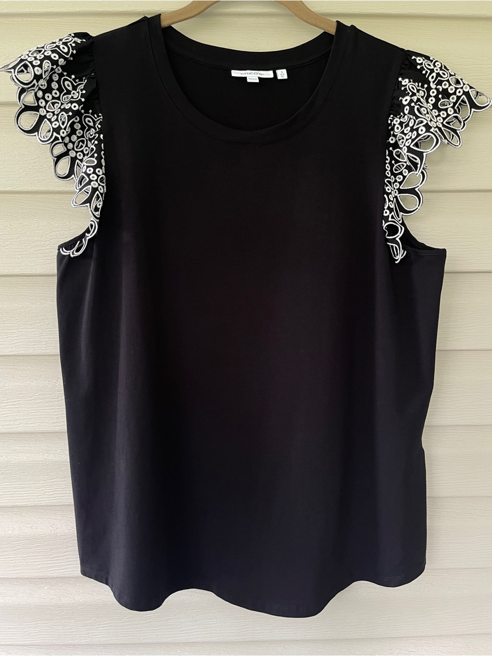Chico's Womens Embroidered Black Eyelet Lace Flutter Cap Sleeve Top XL